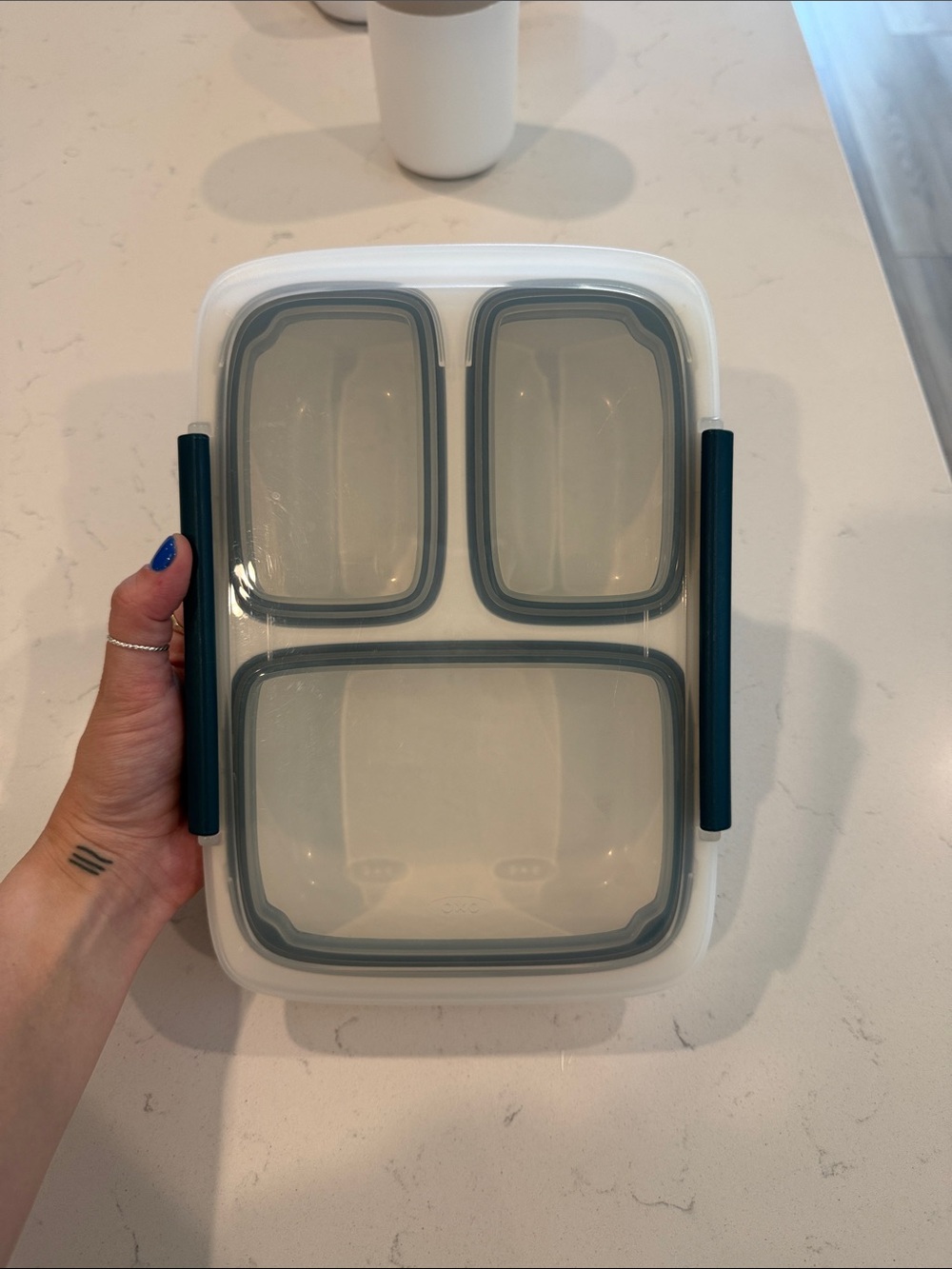 Oxo 3-Compartment Meal Prep Container with Dark Teal Handles